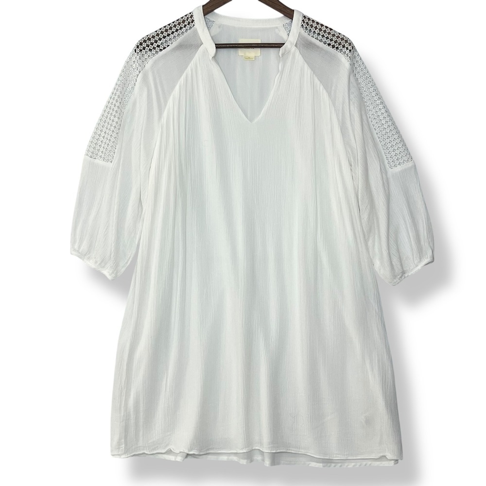 Maeve Anthropologie M Dress White Crochet Lace Shoulder V-Neck Gauze Tunic Lined